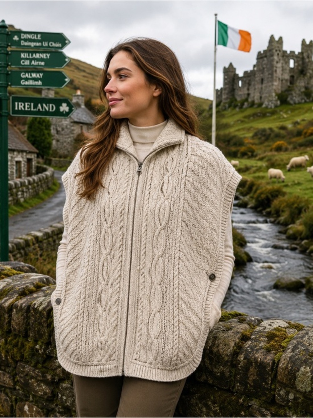 Vtg Irish Wool Cape Poncho Sweater Vest Cream Cable Knit Zip Front Ireland S/M
